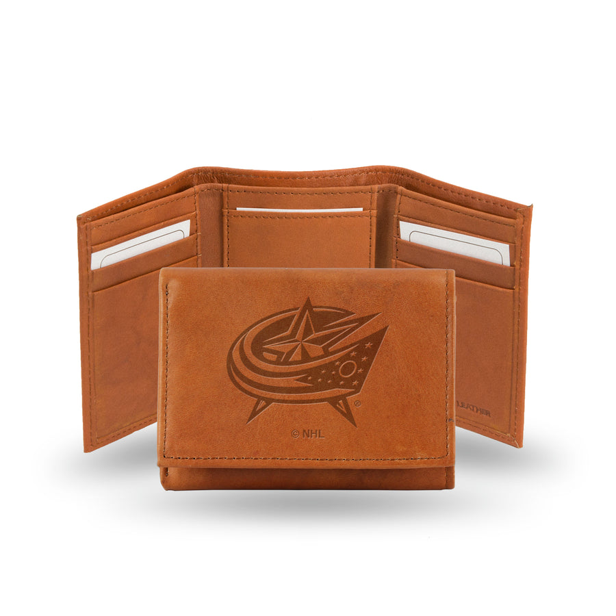 NHL Columbus Blue Jackets Pecan Cowhide Tri-Fold Wallet Fan Gear NHL Columbus Blue Jackets