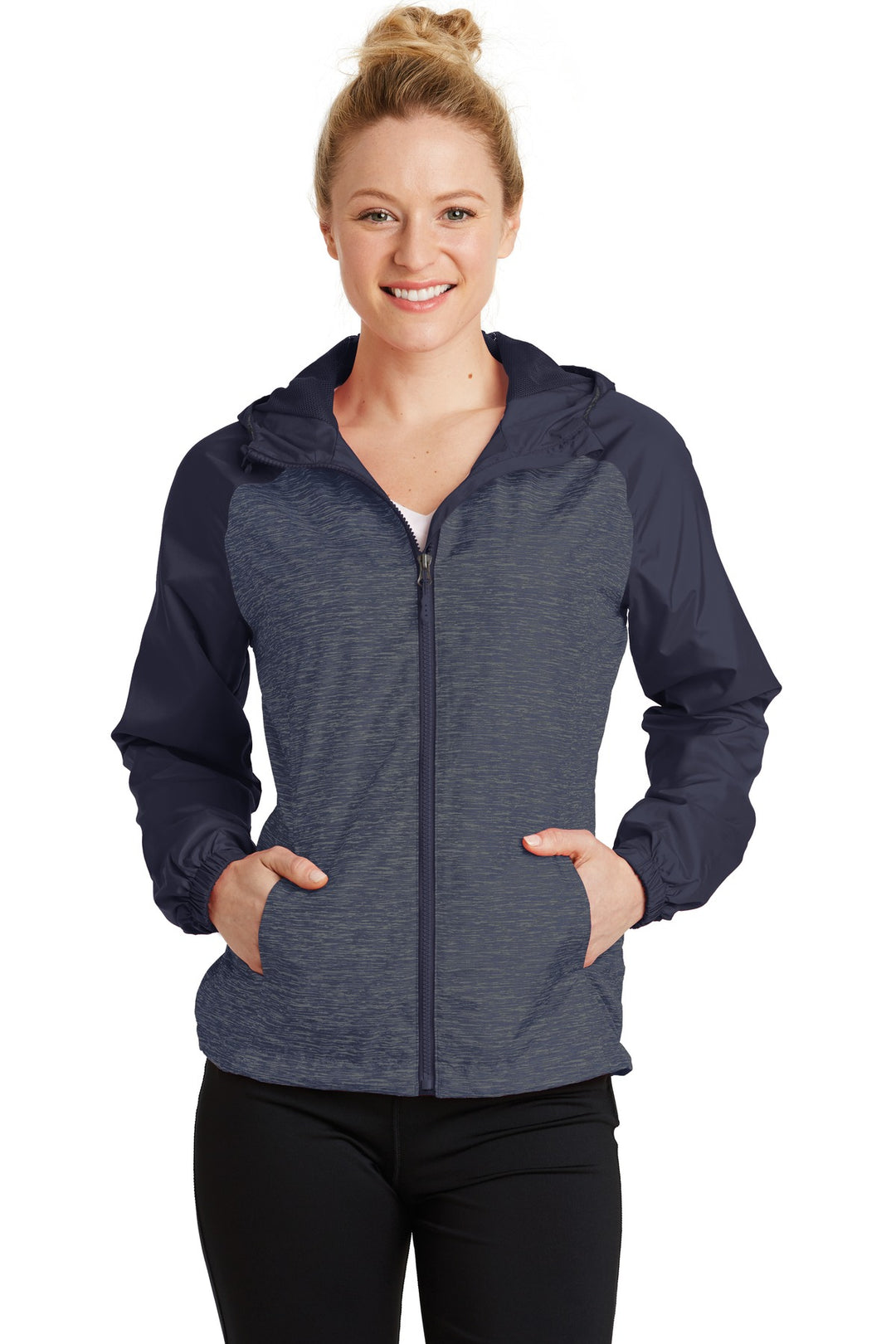 Sport-Tek Women's Heather Colorblock Raglan Hooded Wind Jacket