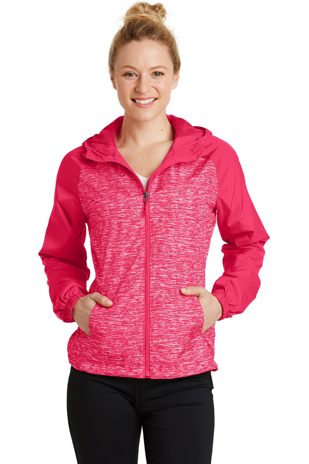 Sport-Tek Women's Heather Colorblock Raglan Hooded Wind Jacket