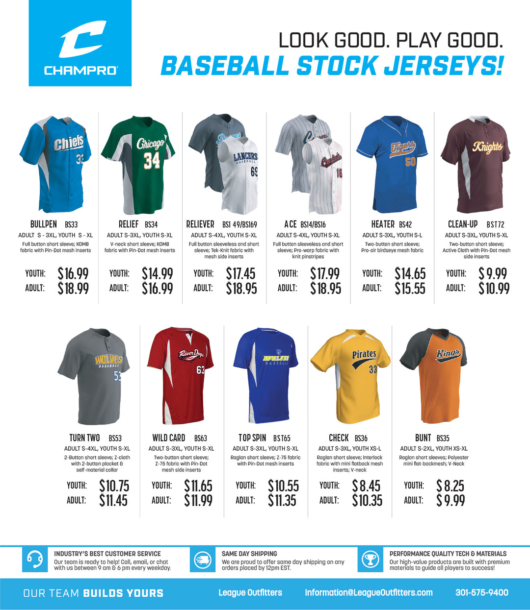 Youth and Adult Baseball Jerseys League Outfitters